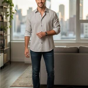 Alfani Black and Tan Striped Casual Shirt